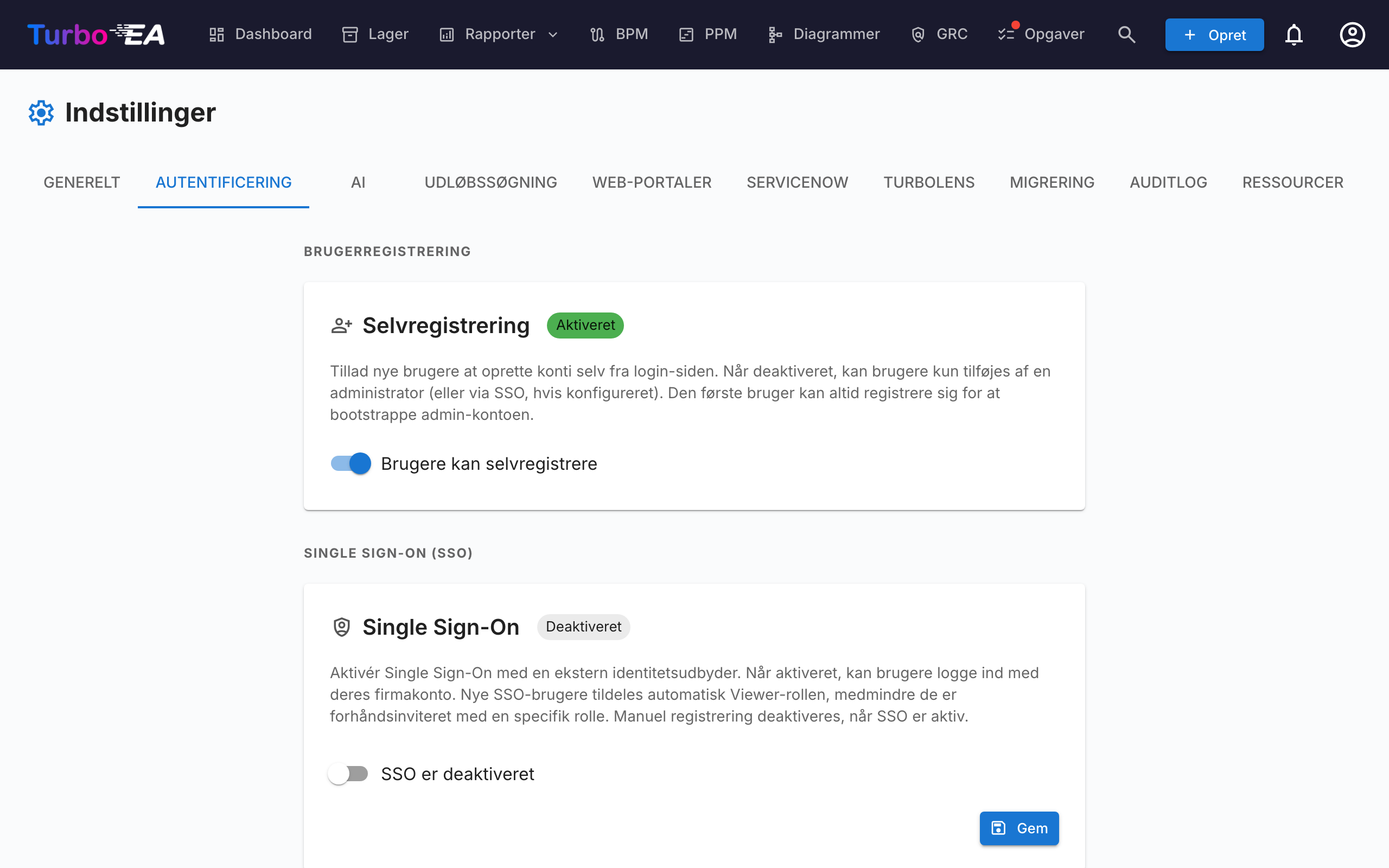 Indstillinger for godkendelse og SSO