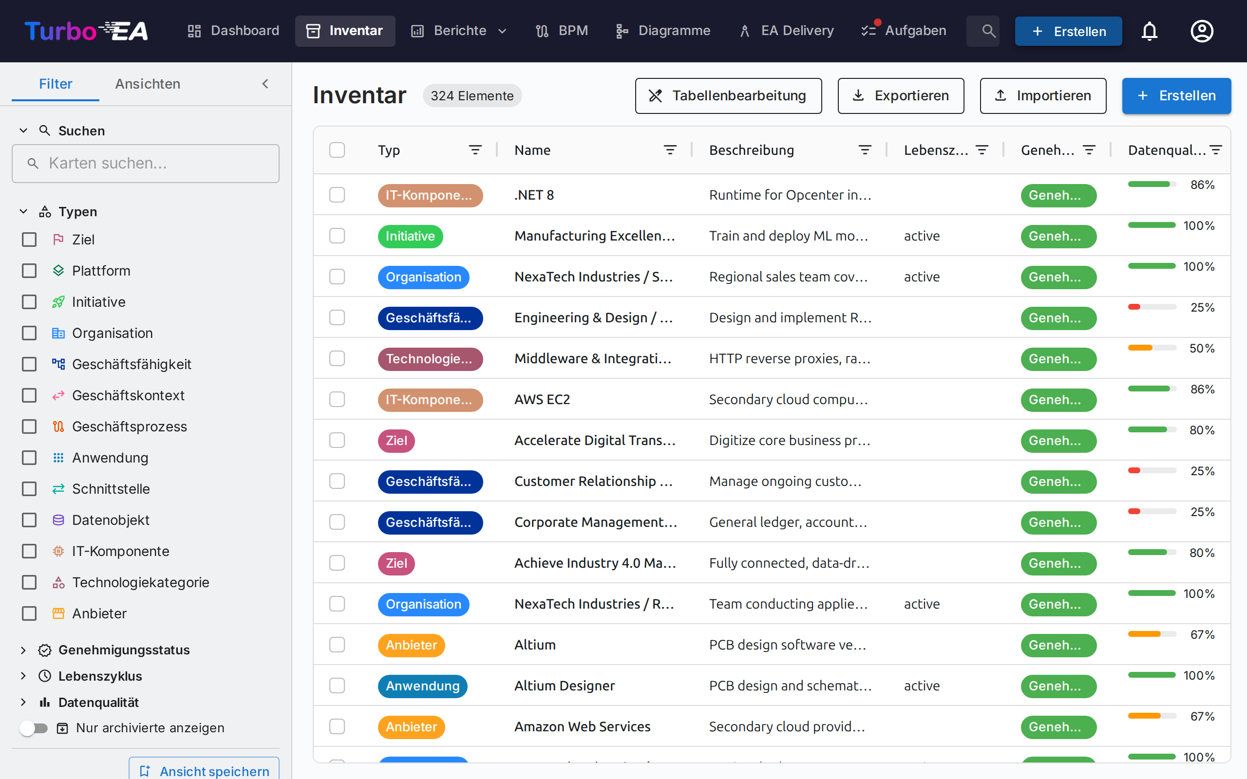 Inventaransicht mit Filterpanel