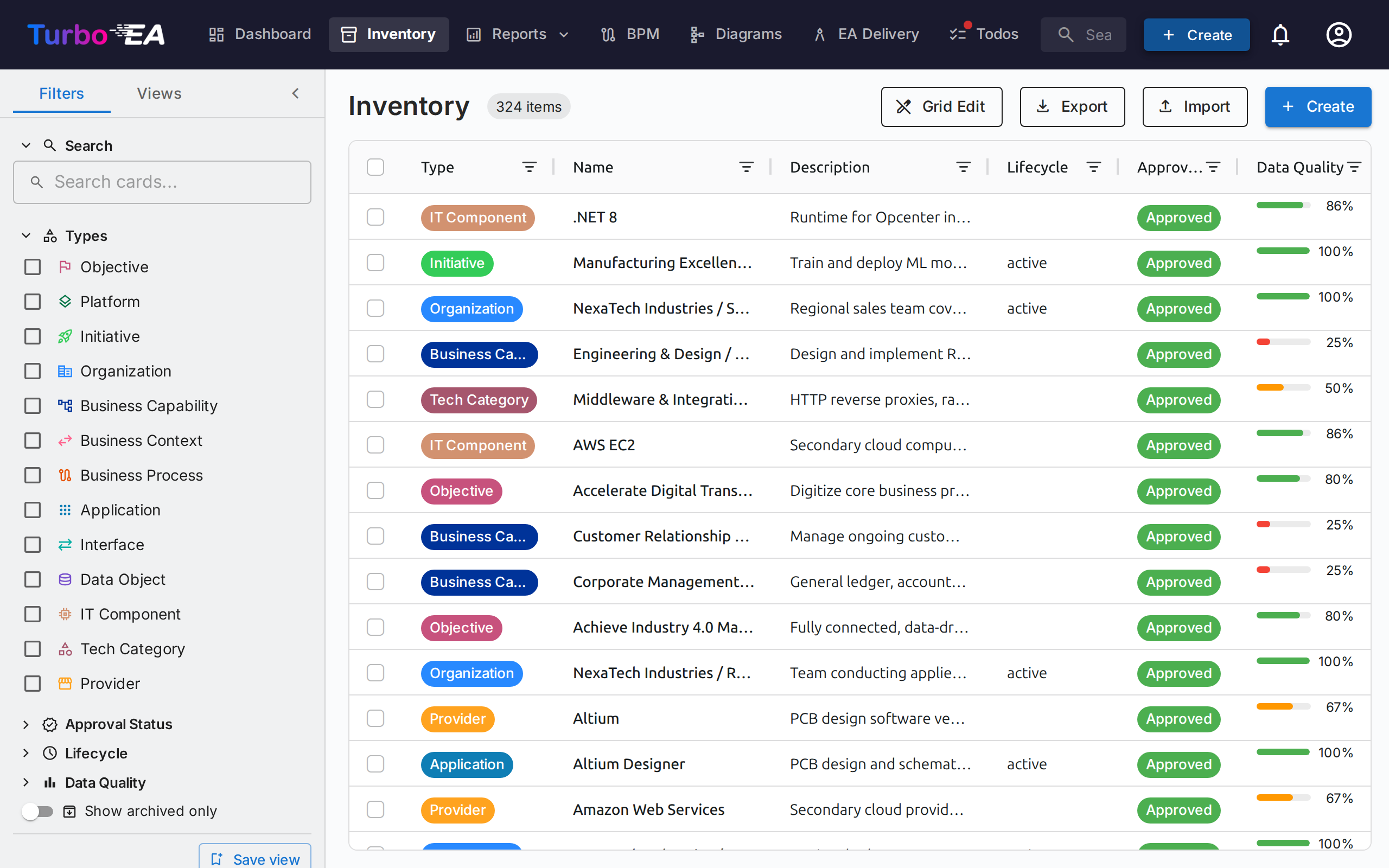 Inventory View with Filter Panel