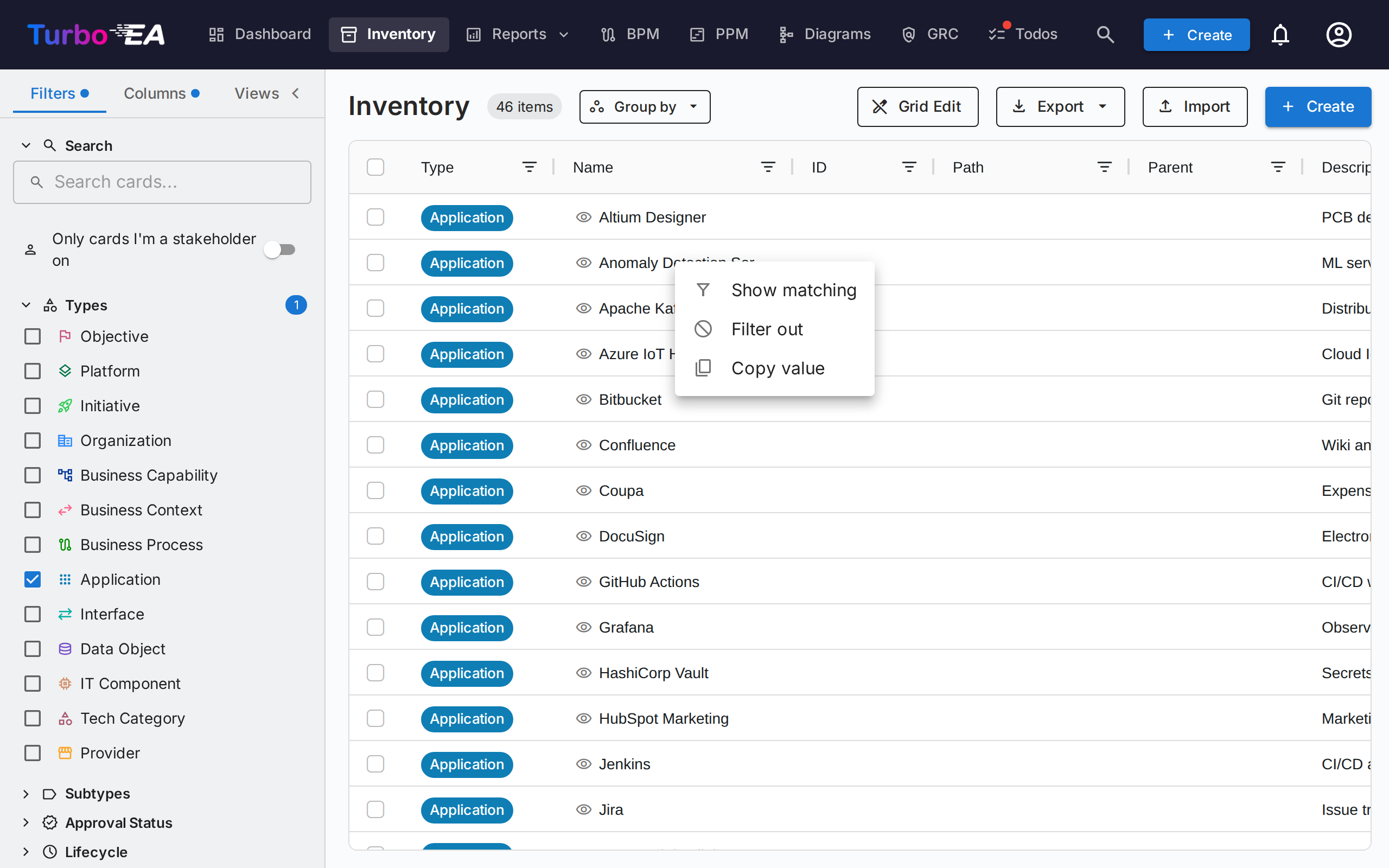 Inventory cell context menu