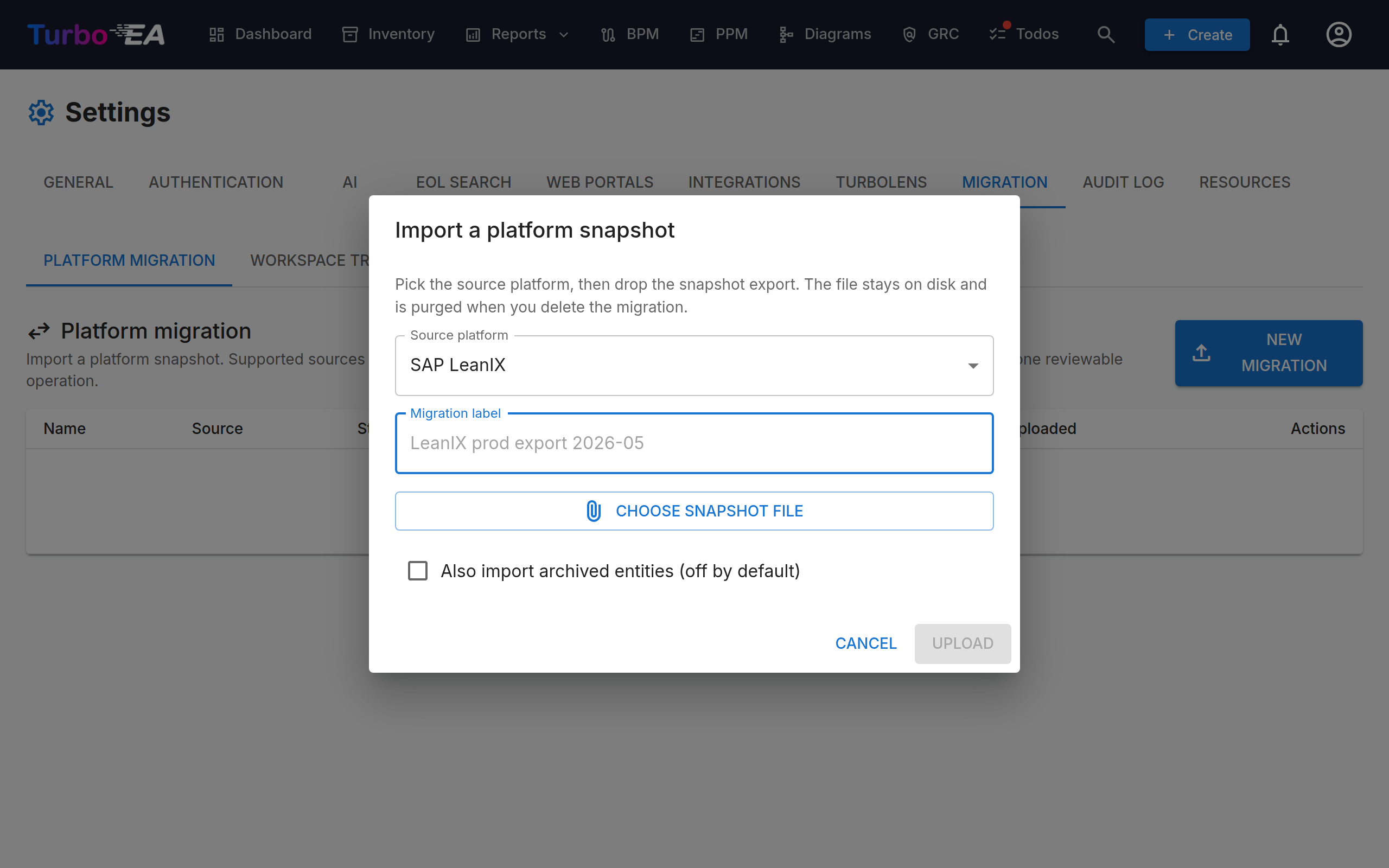 Starting a LeanIX migration in Settings → Migration