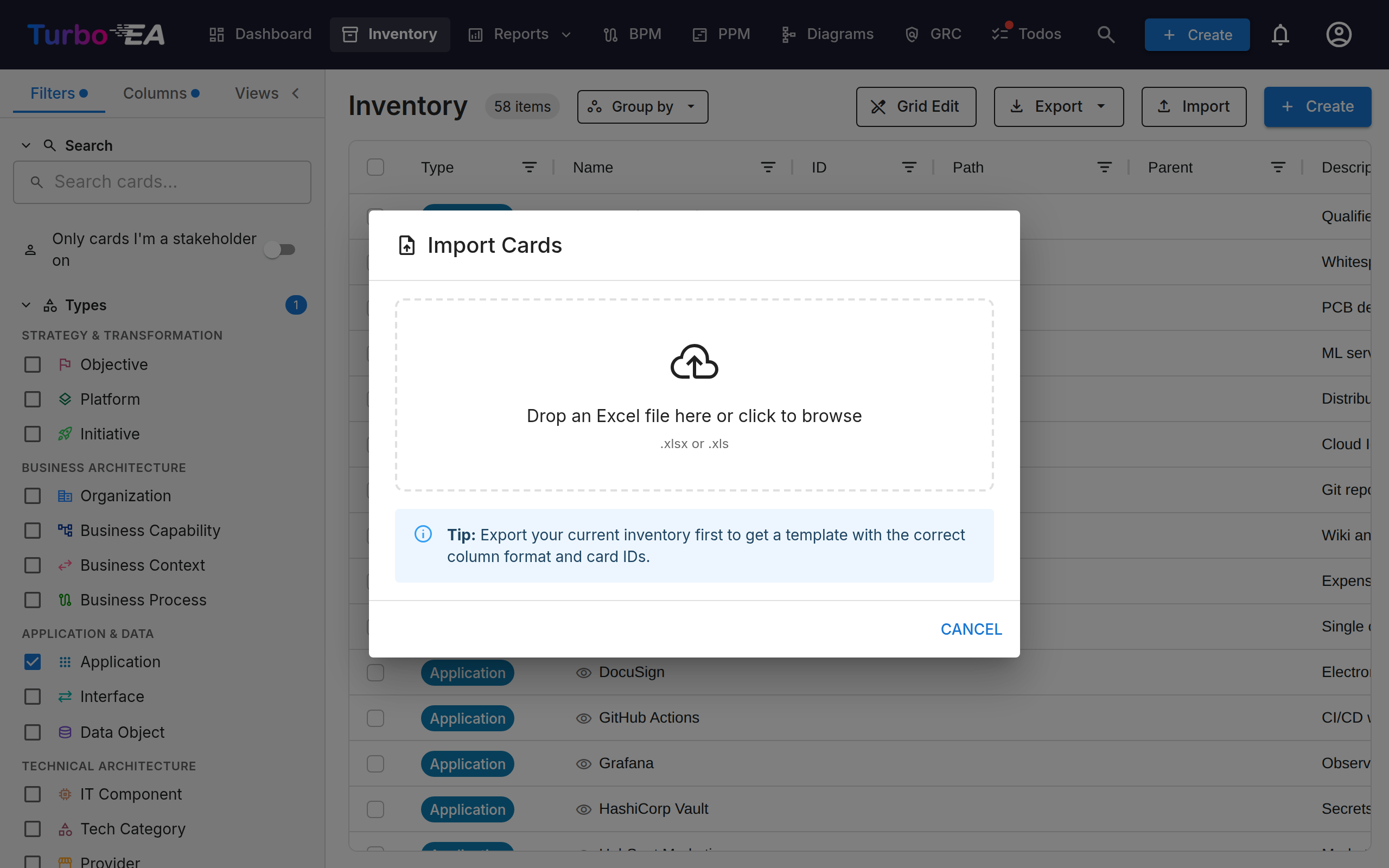 Import Cards dialog