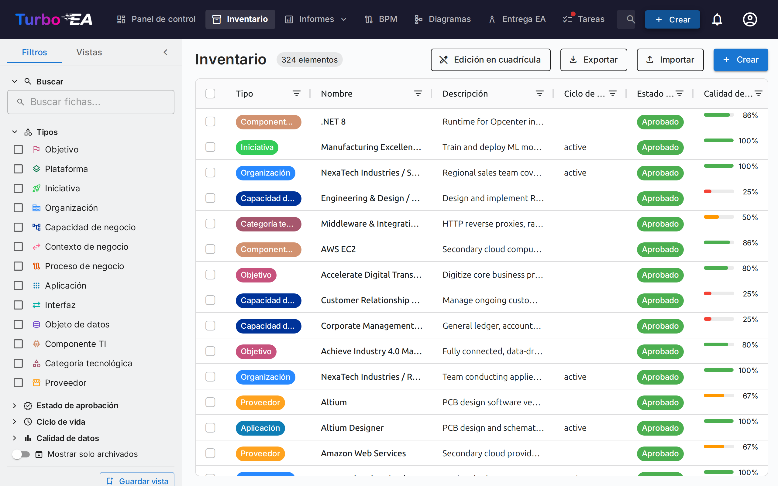 Vista del Inventario con panel de filtros