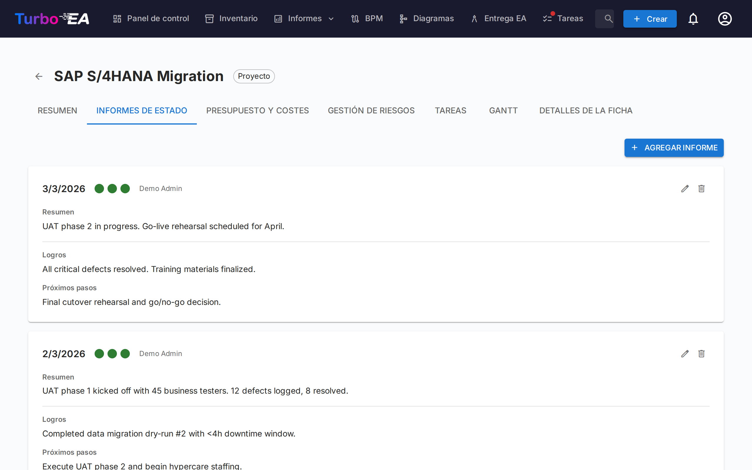 Pestaña de informes de estado
