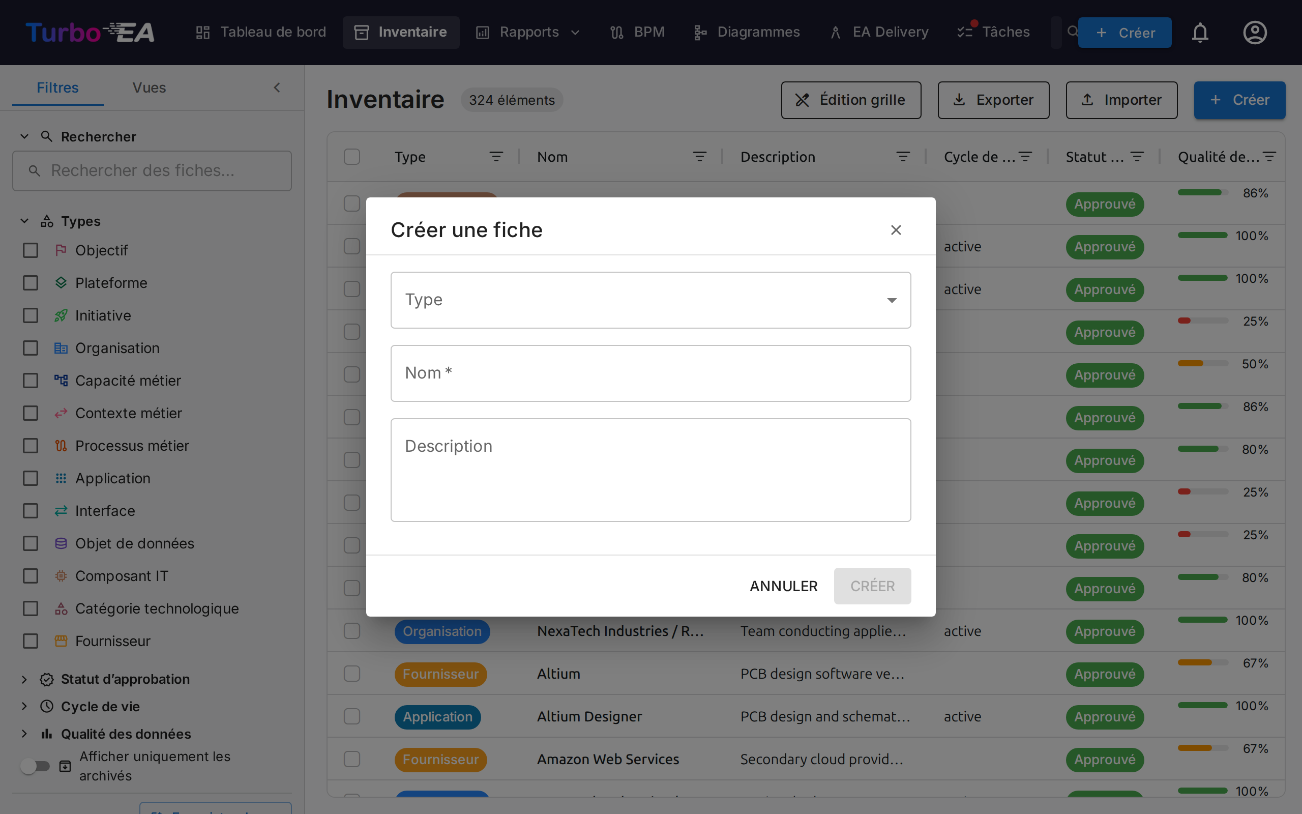 Dialogue de création de fiche