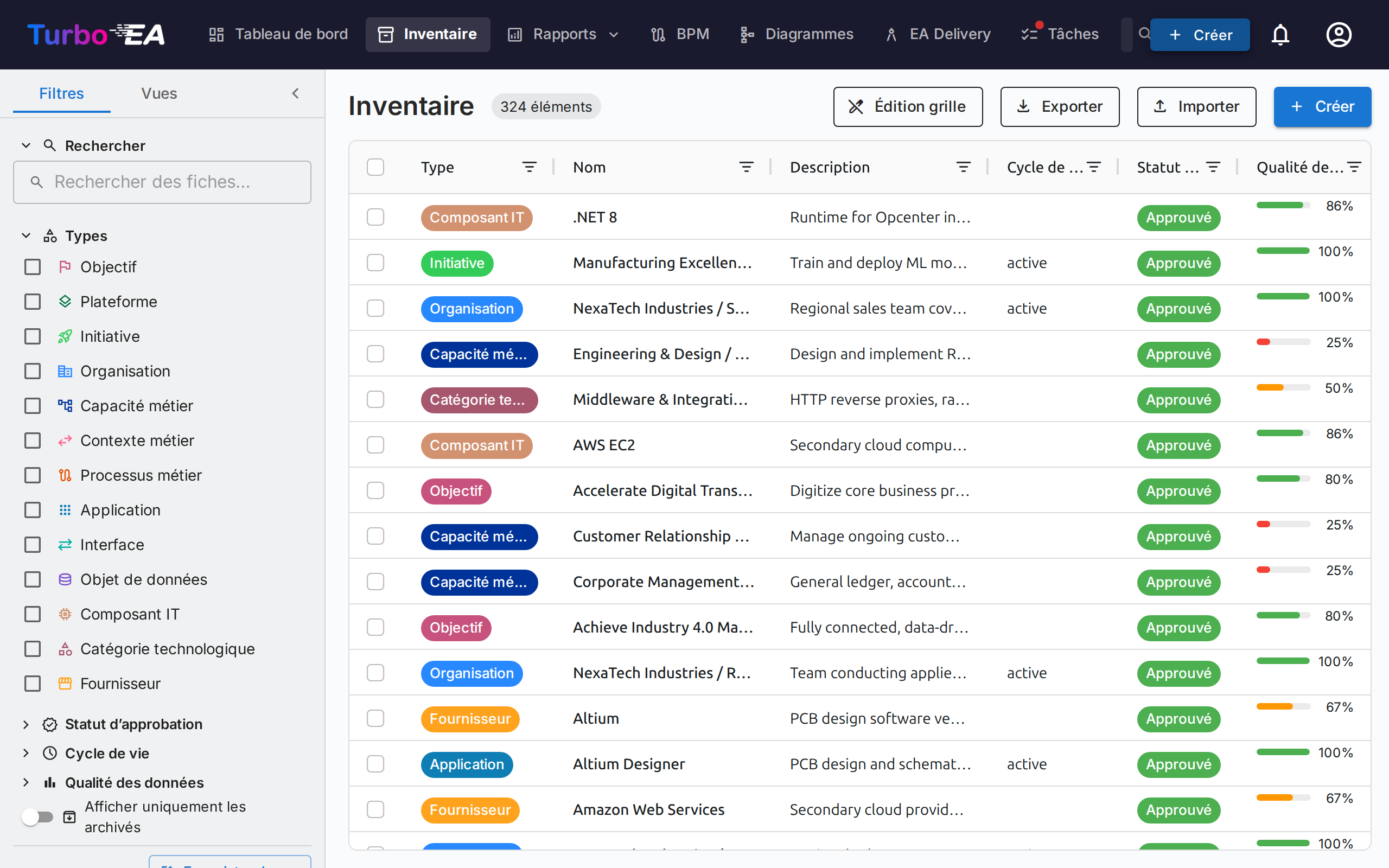 Vue inventaire avec panneau de filtres