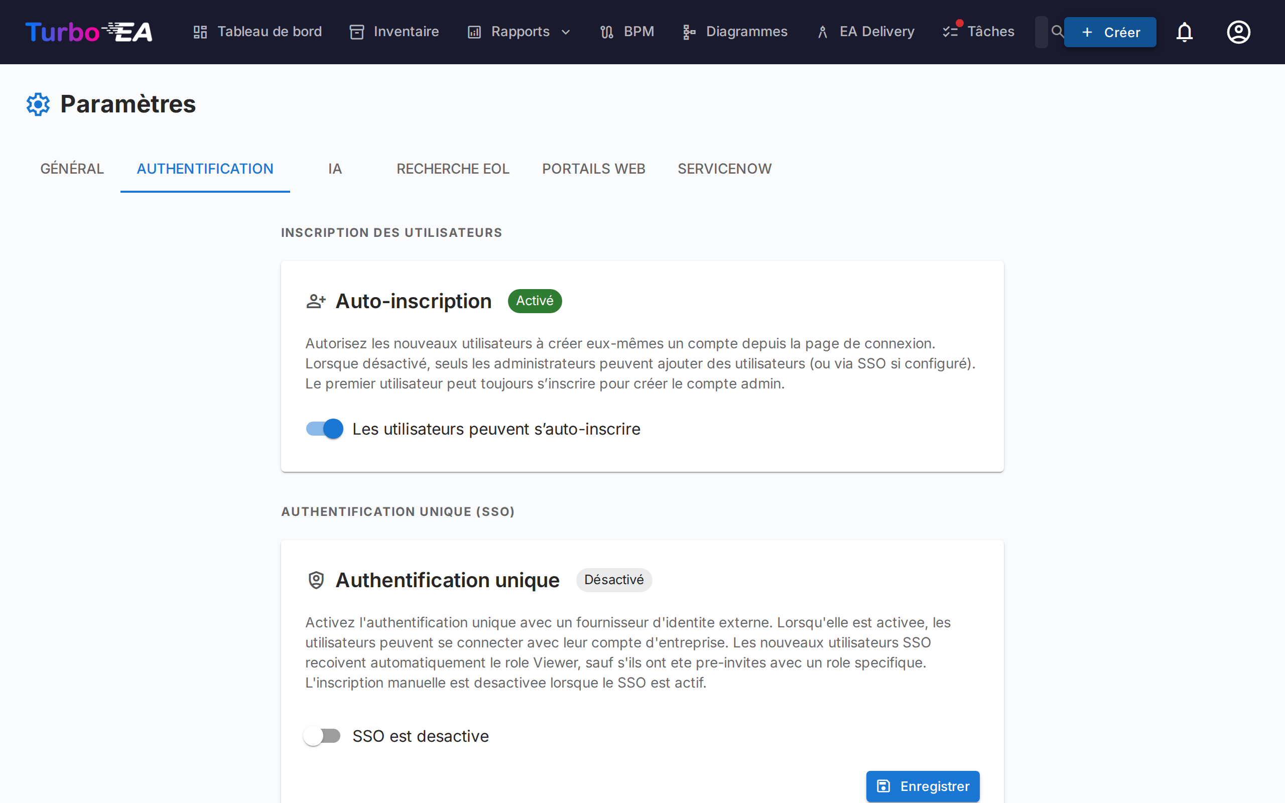 Paramètres d'authentification et SSO