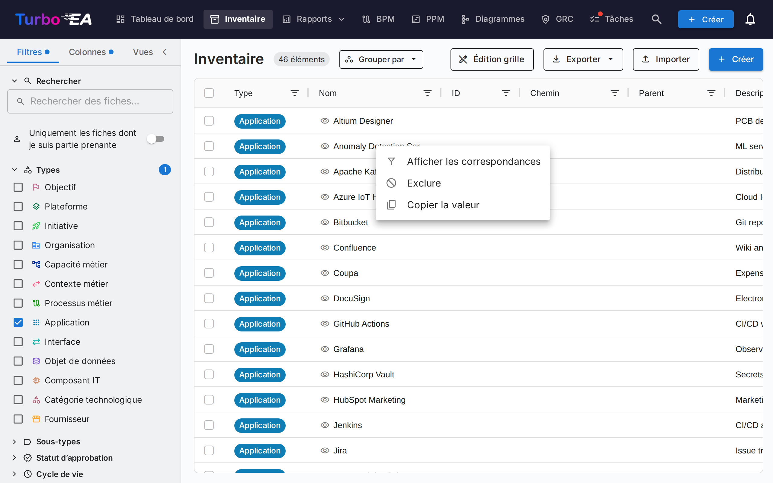 Menu contextuel d'une cellule de l'inventaire