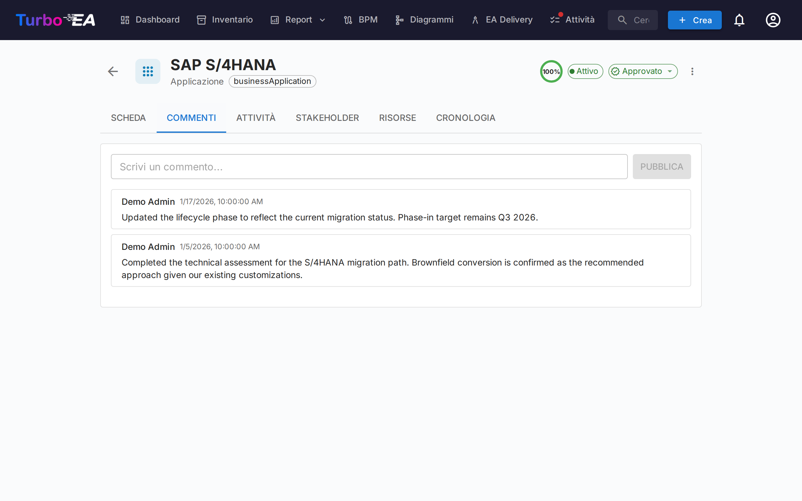 Sezione commenti della card