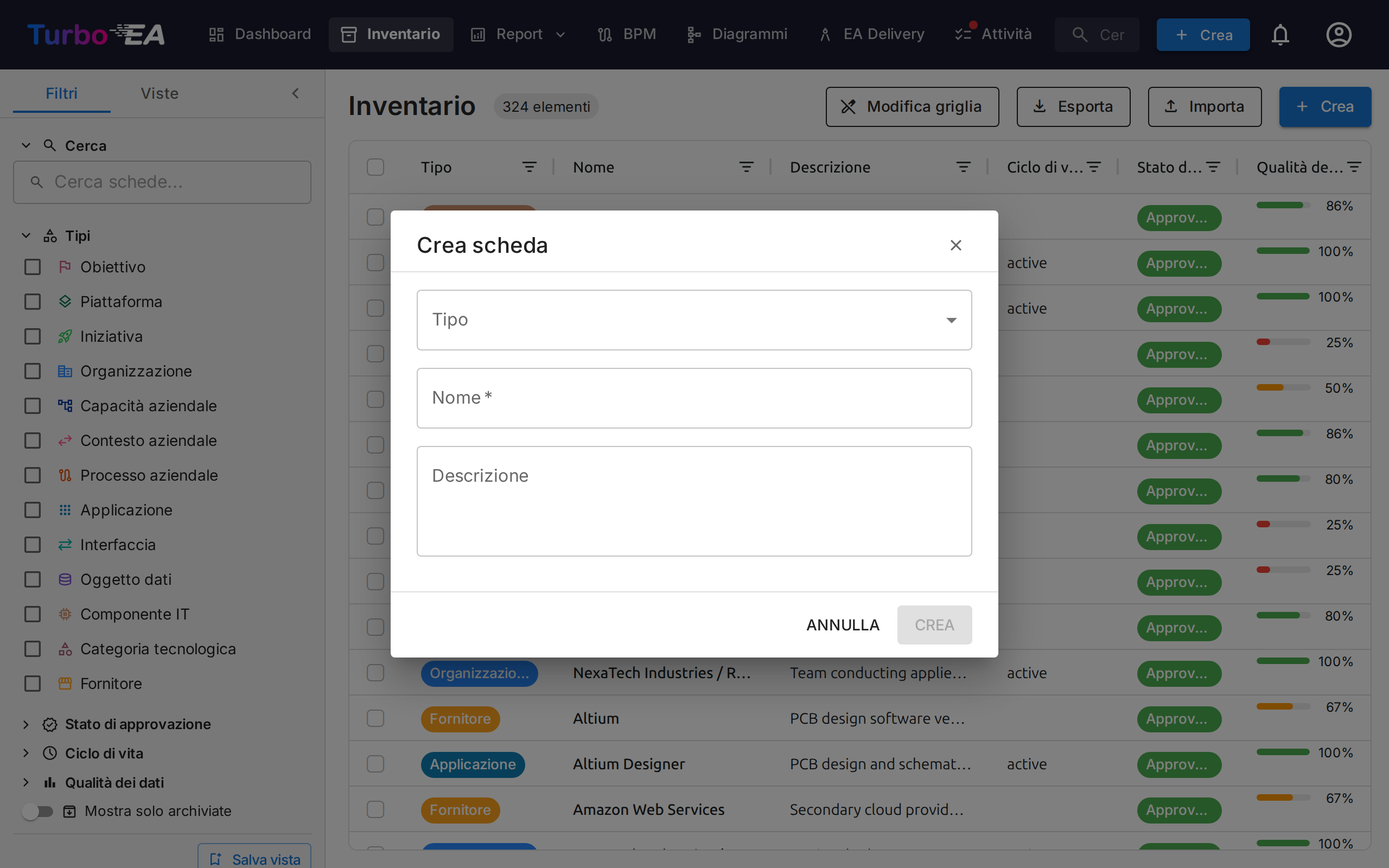 Finestra di creazione card
