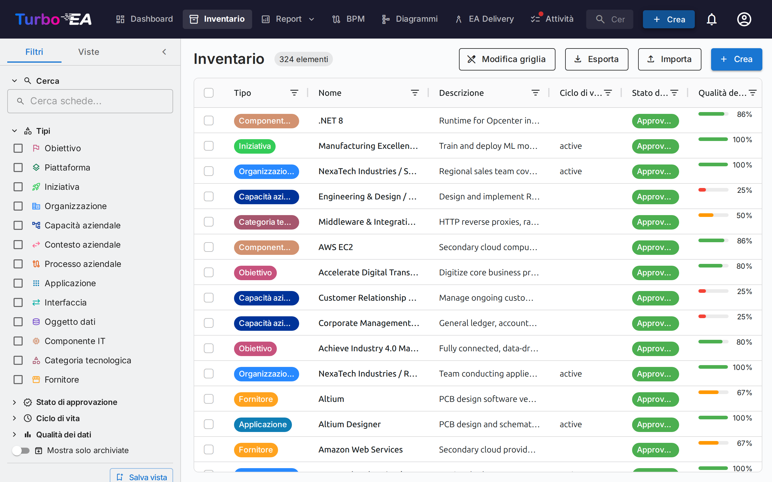 Vista inventario con pannello filtri