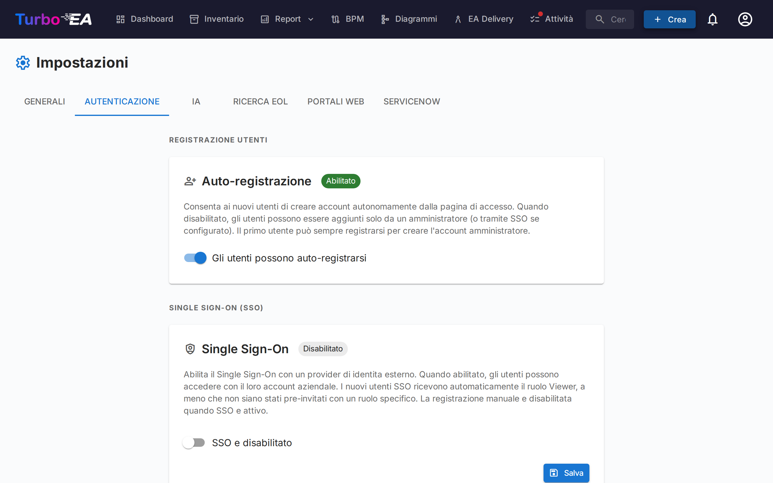 Impostazioni di autenticazione e SSO