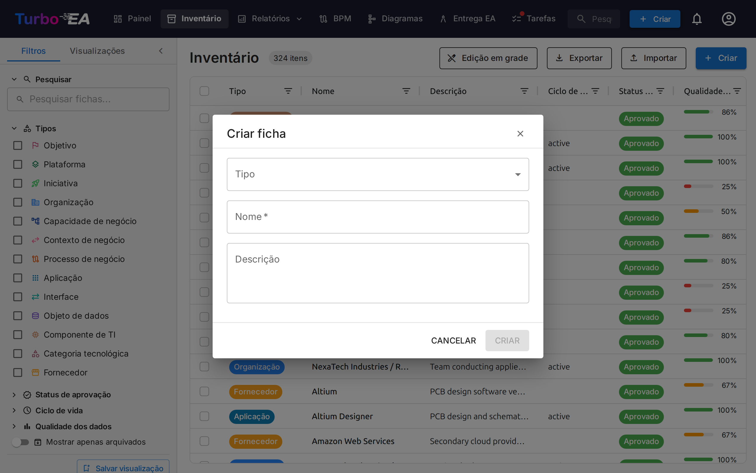 Diálogo de Criação de Card