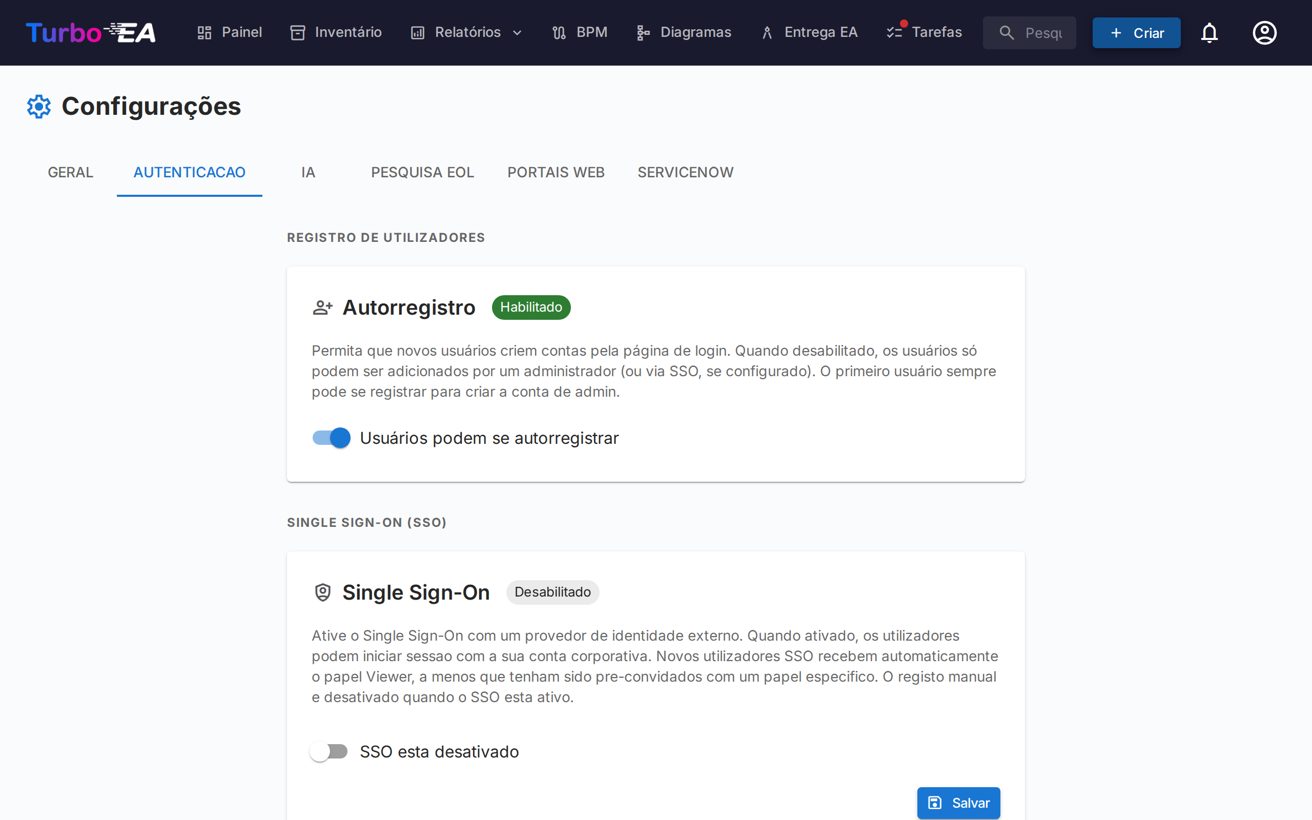 Configurações de Autenticação e SSO