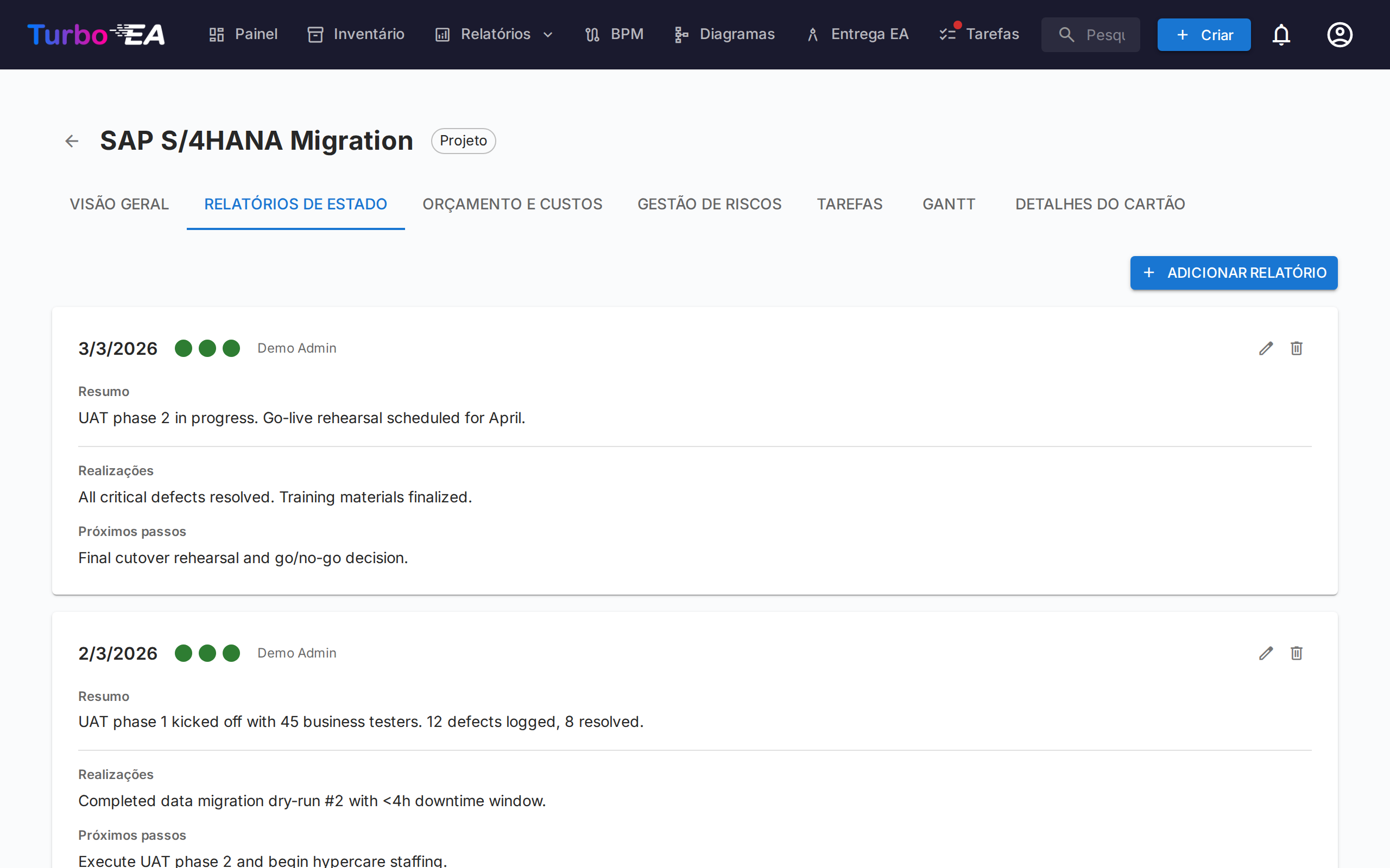 Relatórios de Status PPM